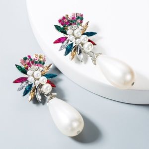 Rhinestone Long Large Pearl Stud Earrings